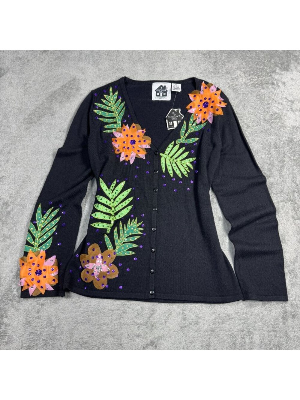 Vtg Storybook Knits Tropical Night Floral Embellished Cardigan Womens XS Whimsy
